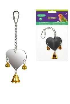 Heart-shaped mirror toy with bell and jingle bells for exotic birds