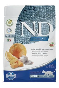 N&D OCEAN CAT Herring Pumpkin & Orange (Arenque, Calabaza y Naranja) Gramáž 300g, Stáří Adult