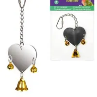 Heart-shaped mirror toy with bell and jingle bells for exotic birds